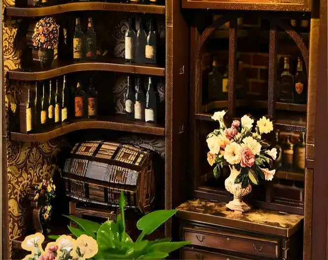 Corner Tavern DIY miniature feature detail – Victorian pub exterior with dark wooden facade, The Hidden Tavern In The Corner sign, wine shop window with warm glow, street lamp and wooden barrel, handcrafted miniature tavern diorama