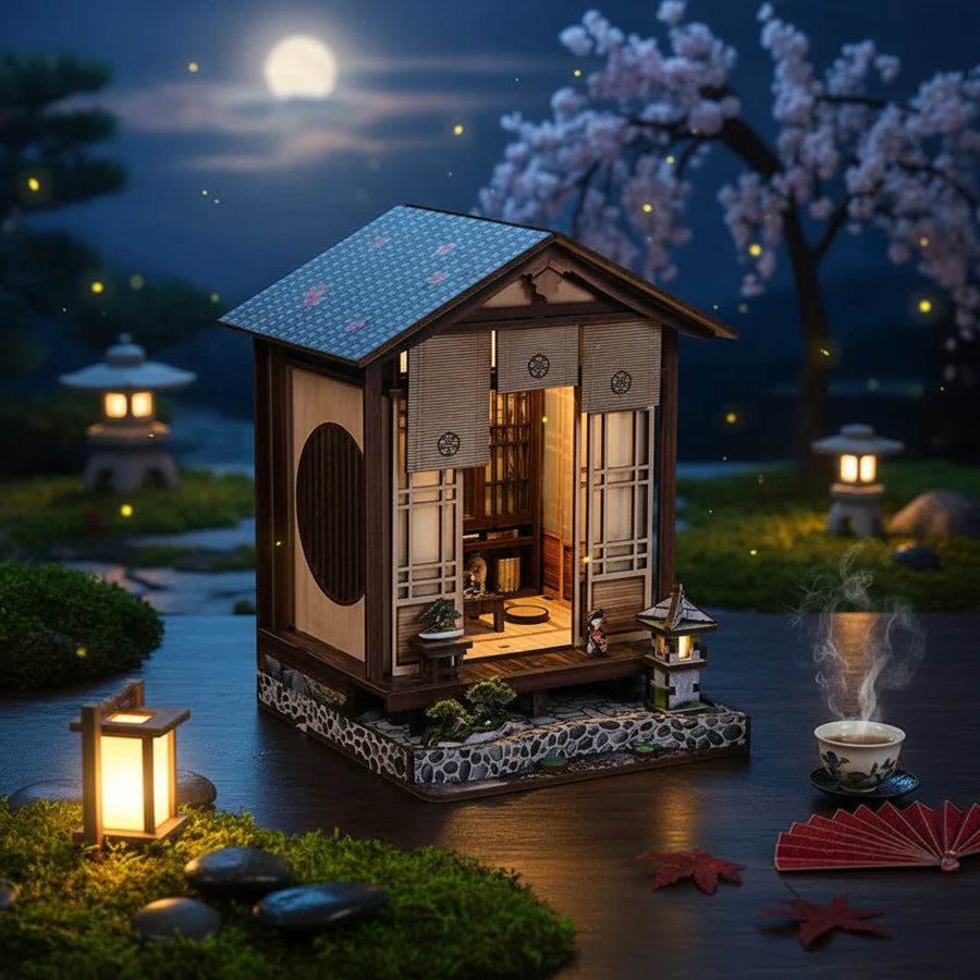 Moss Lantern Harmony Garden book nook feature detail – Japanese wooden tea house interior with warm LED lighting, tatami room, bonsai garden and stone path, cozy Japanese miniature garden diorama display