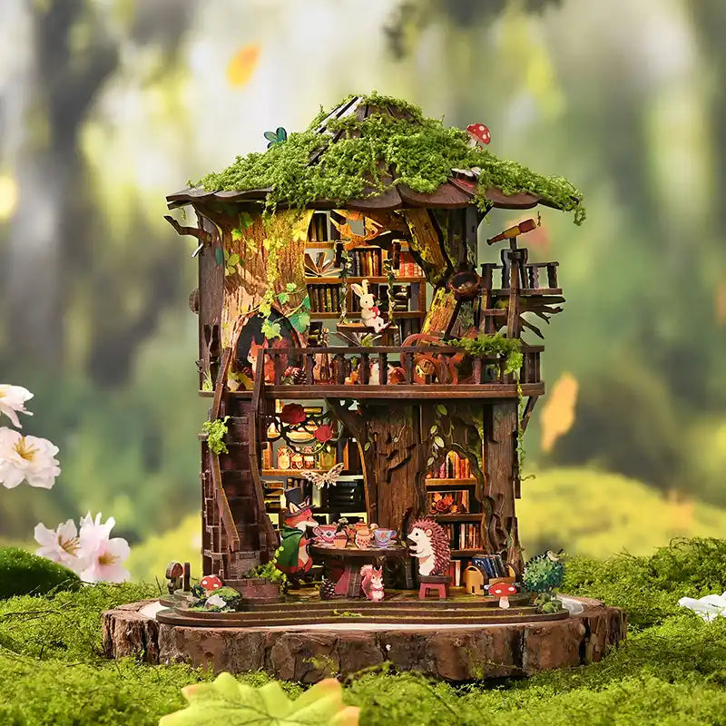 DIY miniature book nook assembly process – scattered wooden parts on a table transforming into a finished glowing 3D bookshelf insert with warm LED lights – craft kit for adults