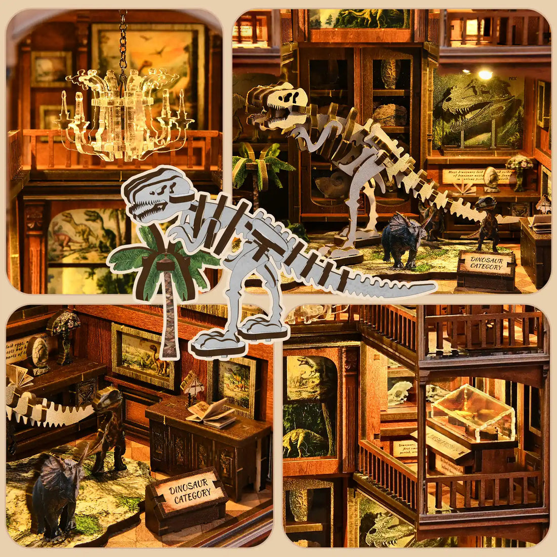 DIY miniature book nook assembly process – scattered wooden parts on a table transforming into a finished glowing 3D bookshelf insert with warm LED lights – craft kit for adults