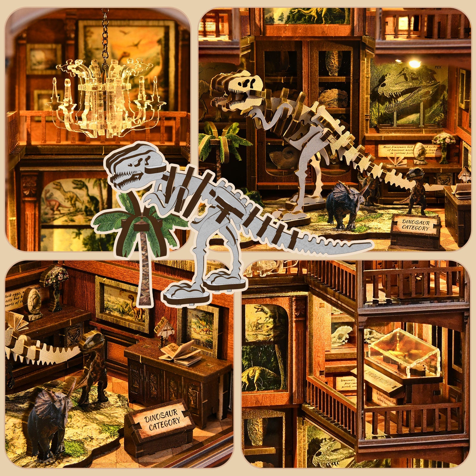 DIY miniature book nook assembly process – scattered wooden parts on a table transforming into a finished glowing 3D bookshelf insert with warm LED lights – craft kit for adults