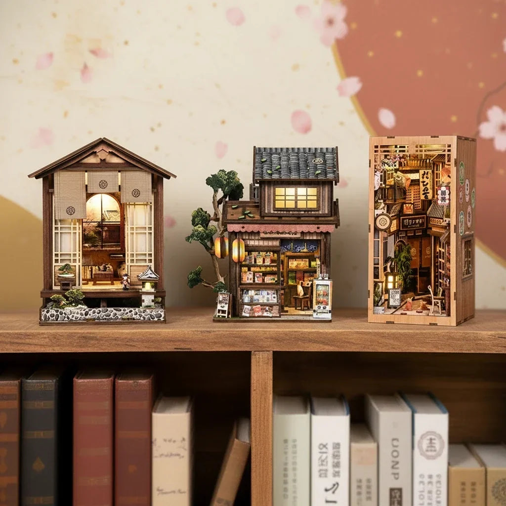Minipata Japanese miniature book nook collection featuring Moss Lantern Harmony Garden, Alley Waiting for the Cat, and Kasuga Grocery Store