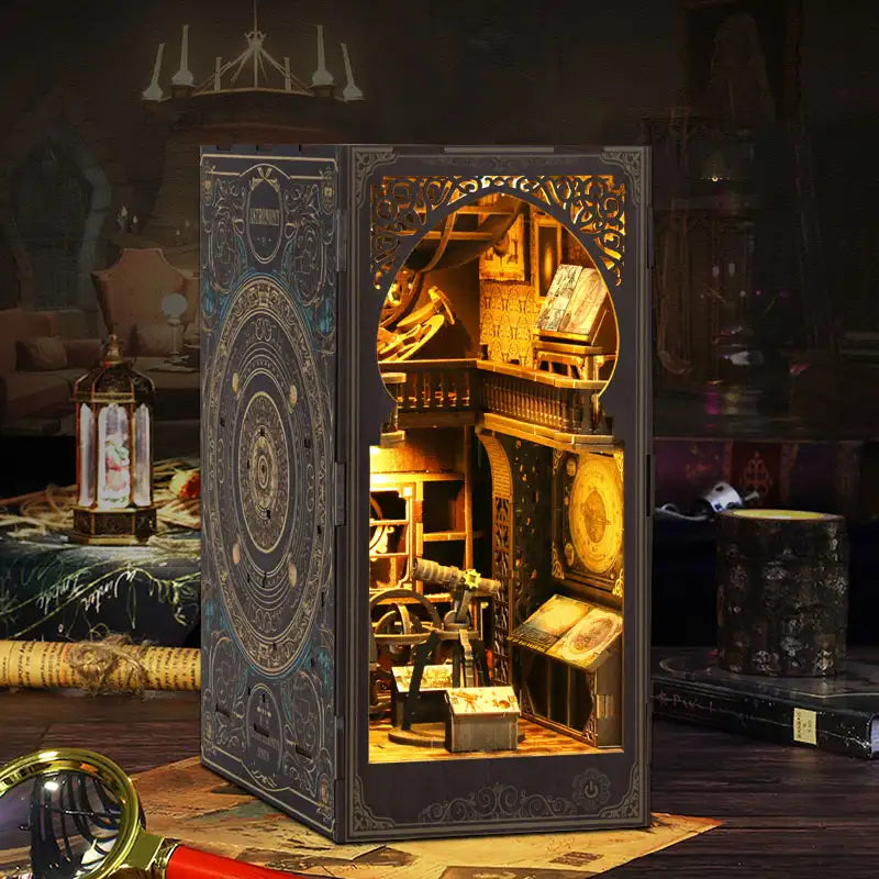 【Museum of Astronomy】 book nook glowing with cool white LED lights on a wooden bookshelf, starry home decor