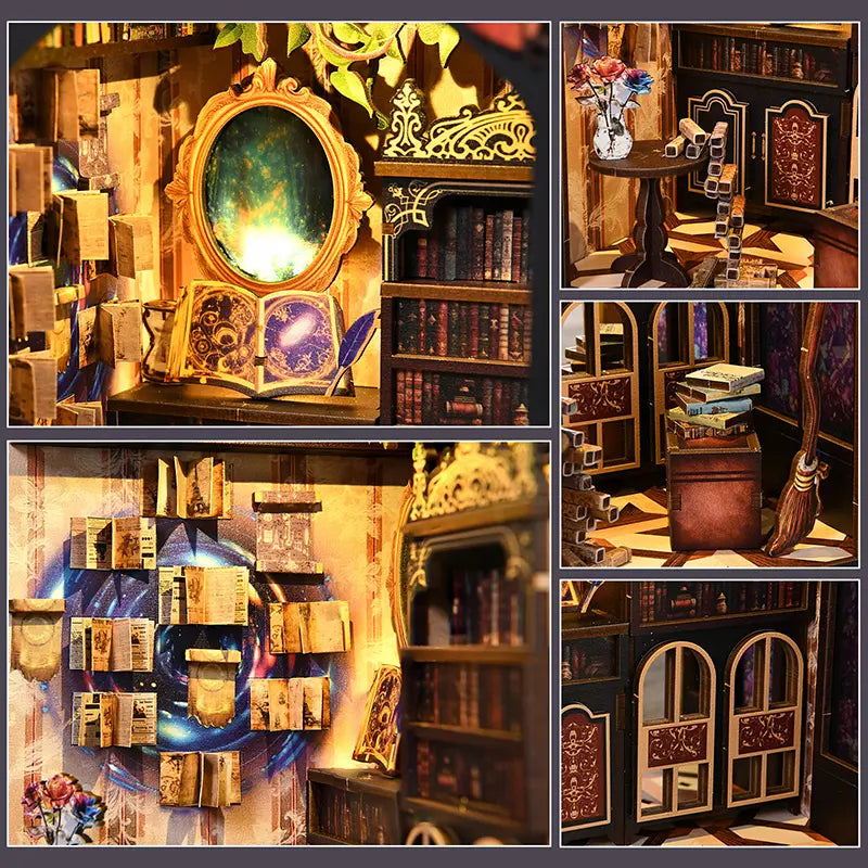 【The Realm of the Magic Book】 Micro details collage: glowing magic mirror in a gold carved frame, floating stacked books with purple feather quill, black and gold wood cabinet, and vintage double-arch doors with miniature bouquet