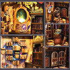 【The Realm of the Magic Book】 Micro details collage: glowing magic mirror in a gold carved frame, floating stacked books with purple feather quill, black and gold wood cabinet, and vintage double-arch doors with miniature bouquet