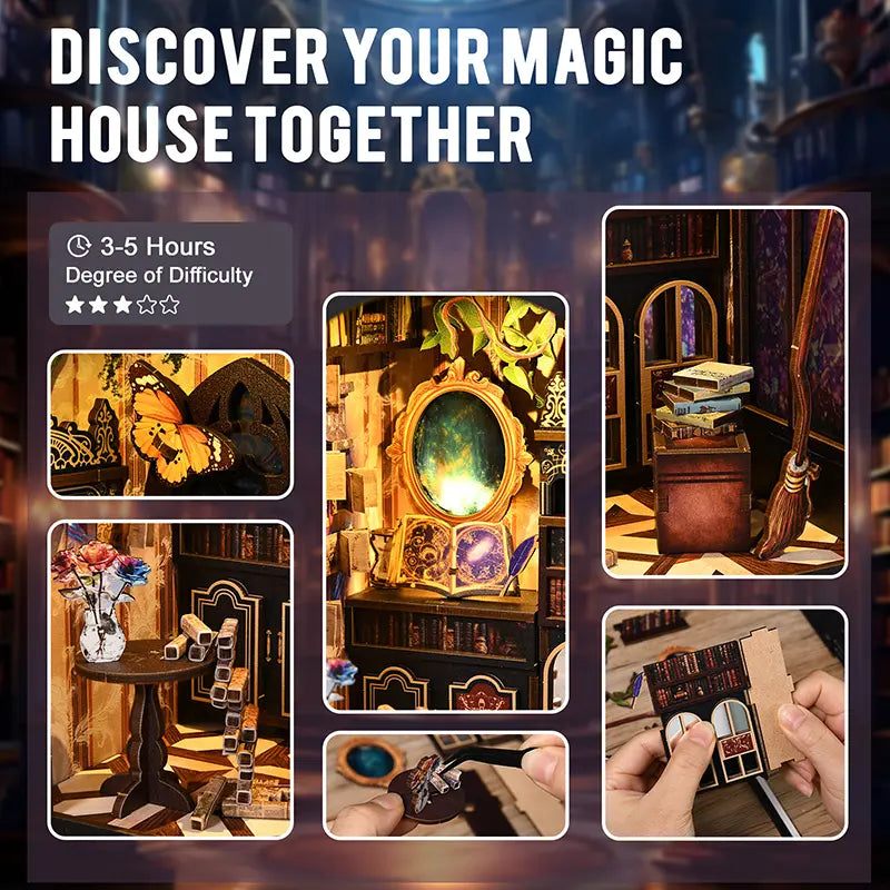 【The Realm of the Magic Book】 Multi-angle detail appreciation: includes assembly time (3-5 hours) and 3-star difficulty hint; close-ups of glowing magic mirror, floating bookshelves, miniature round table, vintage book box, flying broom, and hand assembly highlights