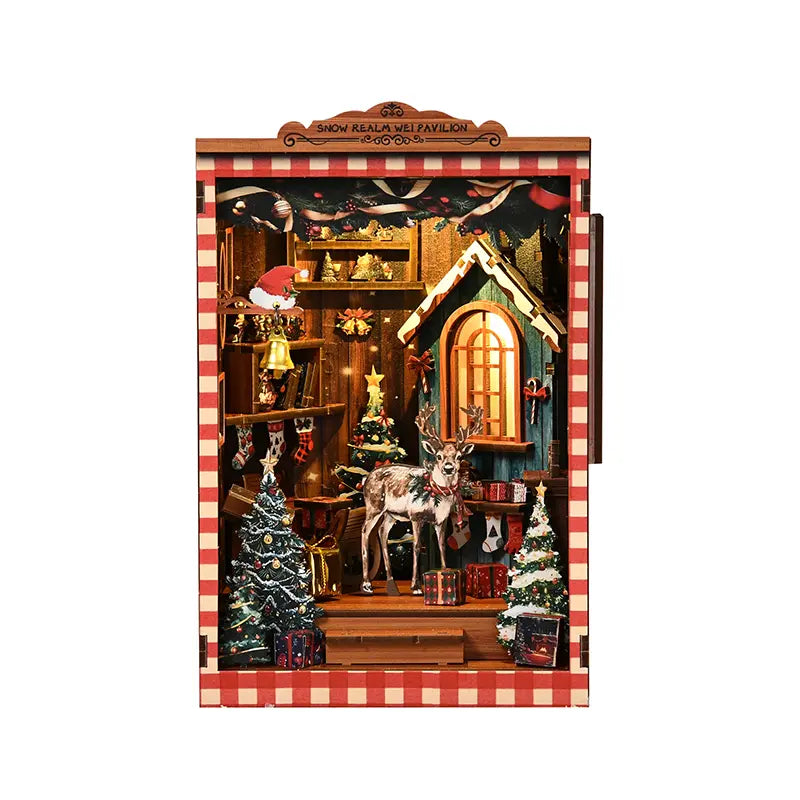 【Snow Realm Wei Pavilion】 White background finished product front view: red and white checkered frame, arched wooden sign reading "SNOW REALM WEI PAVILION" on top; warm and bright interior lighting, miniature reindeer, Christmas trees, and gifts neatly arranged