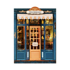 【Pergola Reading Room】 White background finished product front view: deep sea blue and beige color scheme, gold decorations on the sign, symmetrical glass windows revealing the interior, central wooden door openable with welcome sign, showcasing the exquisite feel of a vintage bookstore

