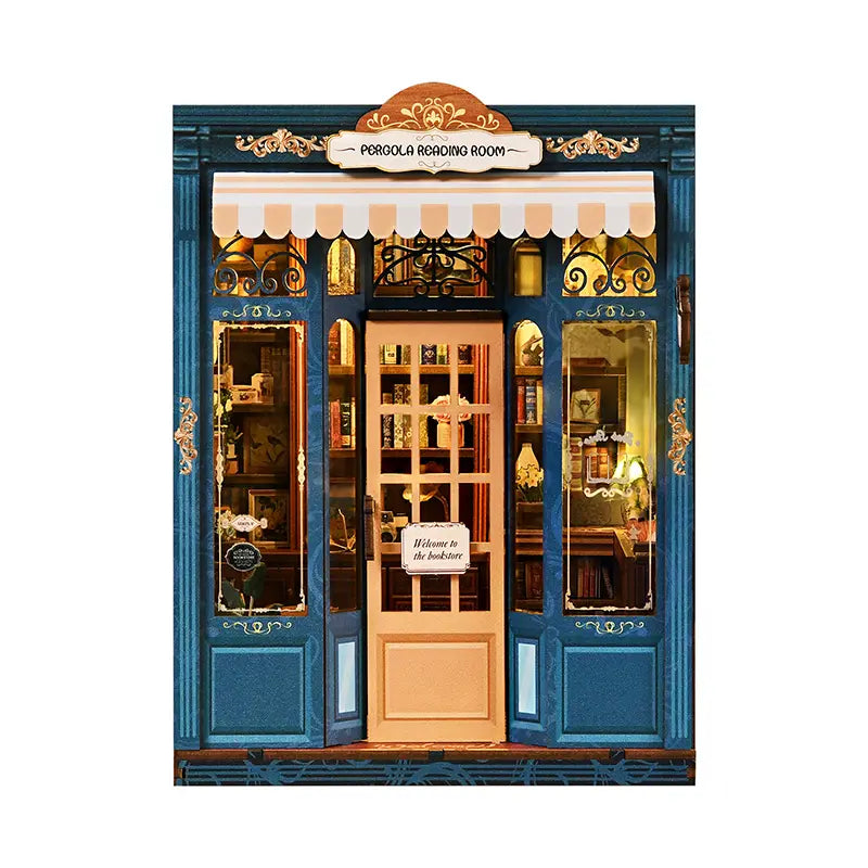 【Pergola Reading Room】 White background finished product front view: deep sea blue and beige color scheme, gold decorations on the sign, symmetrical glass windows revealing the interior, central wooden door openable with welcome sign, showcasing the exquisite feel of a vintage bookstore

