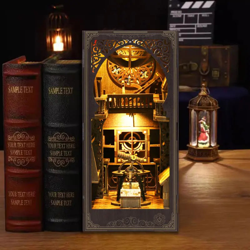 【Museum of Astronomy】 book nook glowing with cool white LED lights on a wooden bookshelf, starry home decor