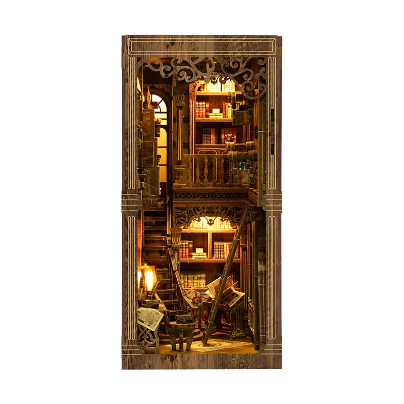 【Antique Book Collection Room】 DIY vintage wooden book nook kit front view | Two-story retro library with warm yellow light glowing through carved door frames and railings | Gear-driven wooden assembly touch-light book nook | Minipata
