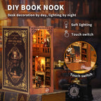 Close-up of detailed miniature accessories inside GelinHouse book nook, realistic tiny scene
