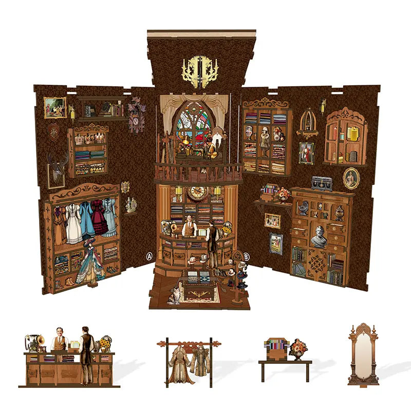 Close-up of detailed miniature accessories inside Royal Seamer book nook, realistic tiny scene