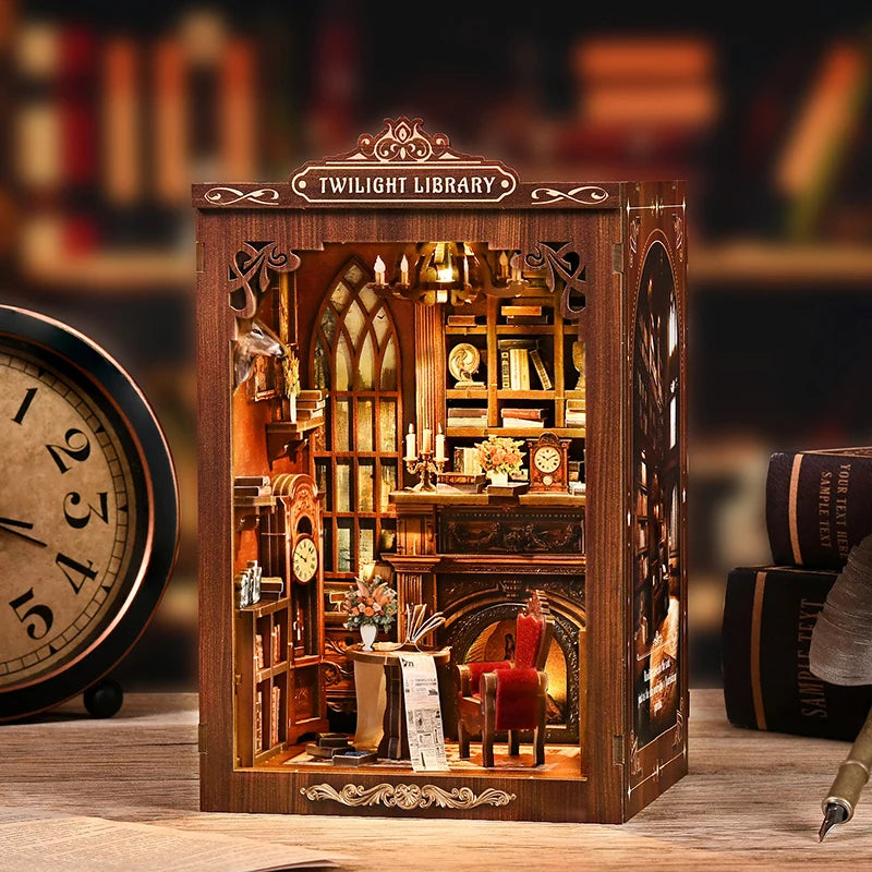 【Twilight Library】 book nook glowing with warm yellow LEDs between books on a wooden shelf, aged book spines and brass-colored decor, quiet twilight library atmosphere