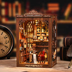【Twilight Library】 book nook glowing with warm yellow LEDs between books on a wooden shelf, aged book spines and brass-colored decor, quiet twilight library atmosphere