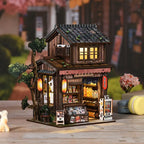 【Kasuga Grocery Store】 DIY Japanese Vintage Grocery Store Miniature Model Kit | Two-story pitched roof with dark gray tiles | Red lanterns with warm yellow glow | Minipata