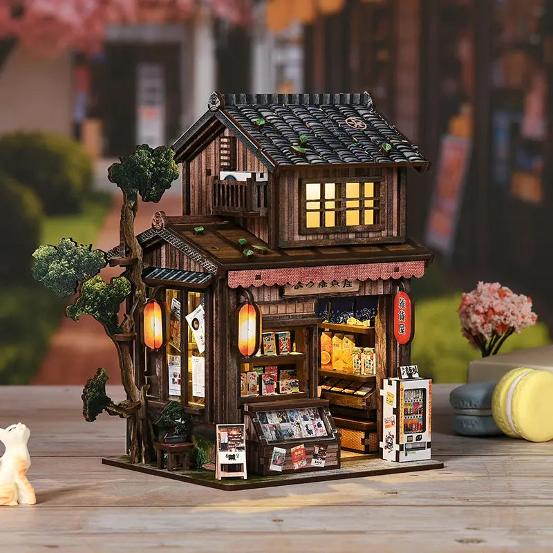 【Kasuga Grocery Store】 DIY Japanese Vintage Grocery Store Miniature Model Kit | Two-story pitched roof with dark gray tiles | Red lanterns with warm yellow glow | Minipata