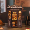 【Twilight Library】 book nook glowing with warm yellow LEDs between books on a wooden shelf, aged book spines and brass-colored decor, quiet twilight library atmosphere