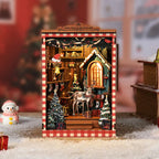 【Snow Realm Wei Pavilion】 Red and white checkered frame Christmas reindeer miniature book nook | Wooden sleigh, miniature Christmas trees, and a glowing warm orange window | Paired with snow and snowman figurines, creating a cozy Christmas holiday scene | Minipata