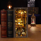 【Magic Night】 book nook glowing with warm purple LED lights on a wooden bookshelf, magical home decor