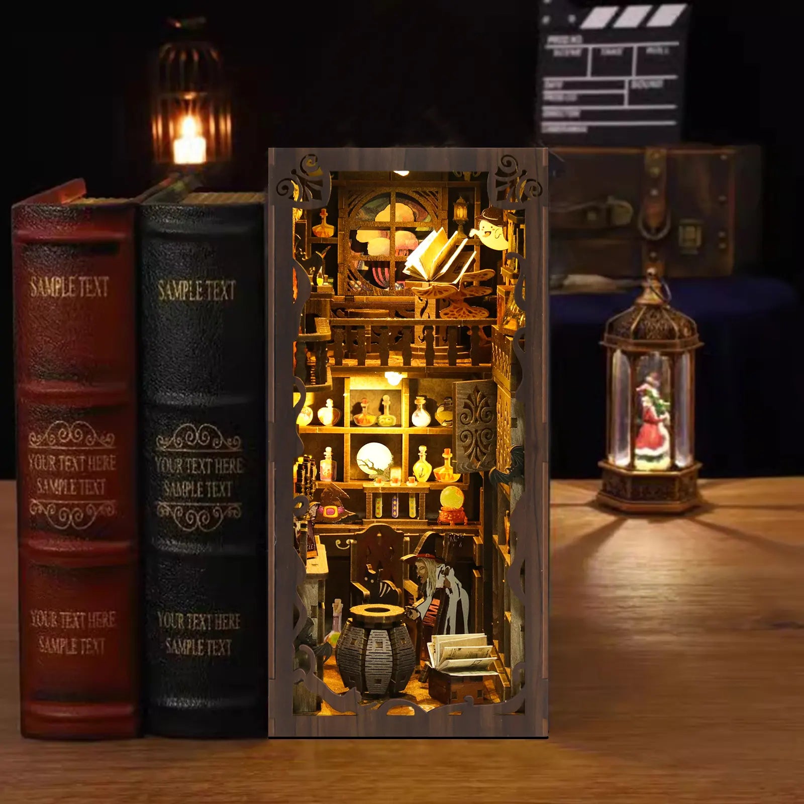 【Magic Night】 book nook glowing with warm purple LED lights on a wooden bookshelf, magical home decor