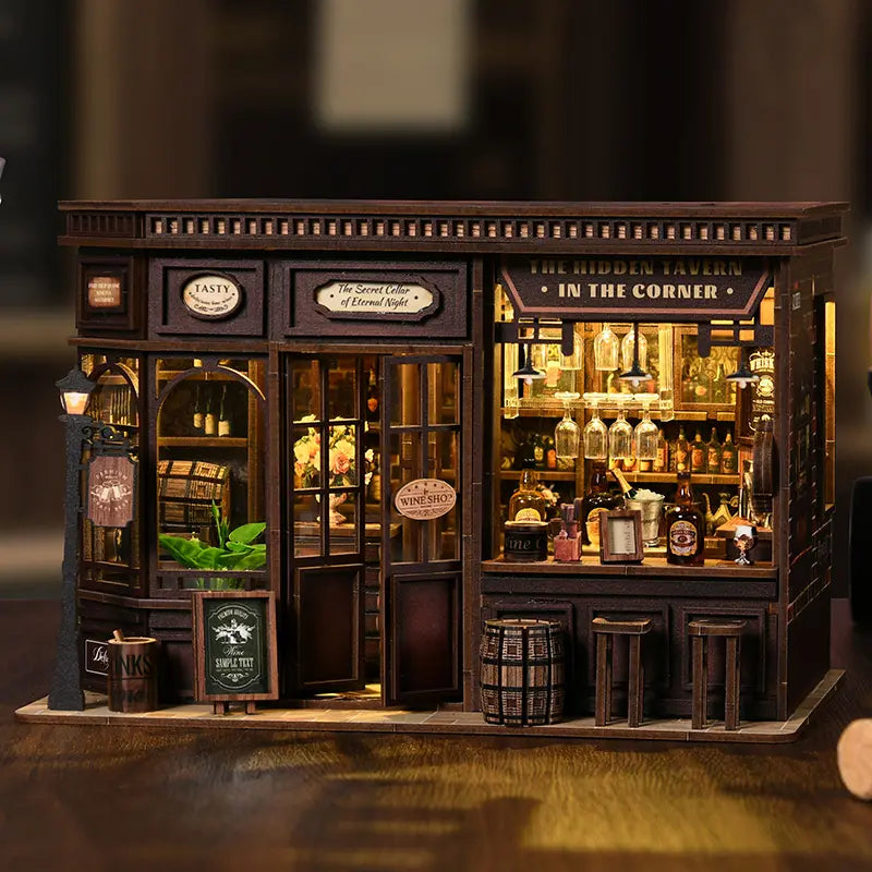 【Corner Tavern】 Vintage wooden corner tavern DIY miniature model finished display | Dark brown wood frame with vintage signs, warm yellow light illuminating the glass windows and bar counter | Minipata