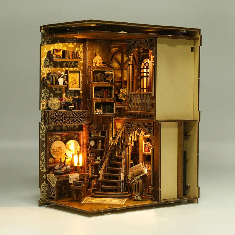 【Antique Book Collection Room】 right side panel fully opened, revealing intricate carved wooden pillars, arched windows, top-floor bookshelves, and a first-floor reading area with a globe and vintage desk lamp, rich in detail