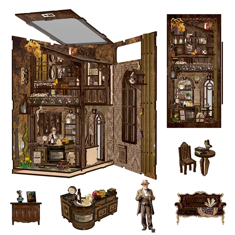 Close-up of miniature accessories inside Serenity Coffee House book nook, realistic craftsmanship with tiny coffee machine and pastries