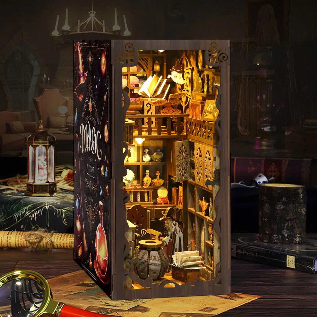 【Magic Night】 book nook glowing with warm purple LED lights on a wooden bookshelf, magical home decor