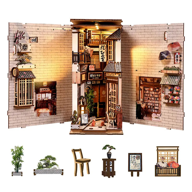 The Alley Waiting for the Cat DIY book nook complete laser-cut wooden parts layout – all structural panels and decorative pieces included, precision cut Japanese miniature alley kit components
