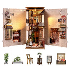 The Alley Waiting for the Cat DIY book nook complete laser-cut wooden parts layout – all structural panels and decorative pieces included, precision cut Japanese miniature alley kit components
