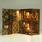 【Antique Book Collection Room】 both side walls (with classic wallpaper patterns) open simultaneously, providing a full view of the 2.5mm MDF interior structure, including stairs, sliding ladder, and high-ceiling spaces
