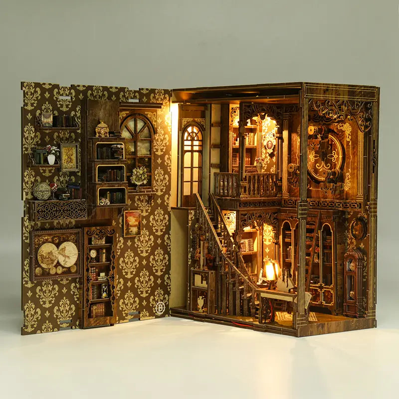 【Antique Book Collection Room】 both side walls (with classic wallpaper patterns) open simultaneously, providing a full view of the 2.5mm MDF interior structure, including stairs, sliding ladder, and high-ceiling spaces
