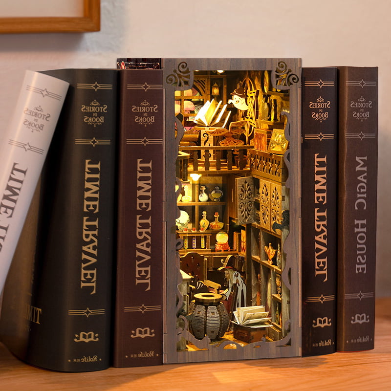 Hands assembling the wooden【Magic Night】 book nook kit step by step, relaxing magic-themed DIY hobby