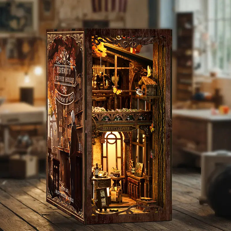 Serenity Coffee House book nook glowing with warm LED lights on a wooden bookshelf, cozy home decor