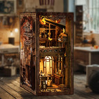 Serenity Coffee House book nook glowing with warm LED lights on a wooden bookshelf, cozy home decor