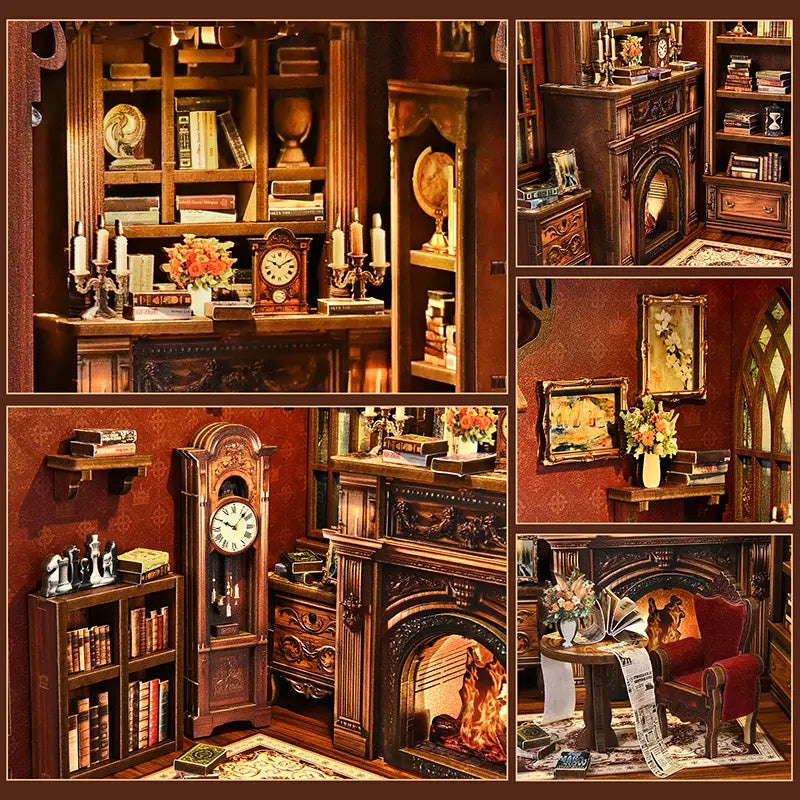 Close-up of miniature reading area inside【Twilight Library】： leather armchair, brass floor lamp, open ancient book on side table, and a tiny coffee cup, realistic study corner