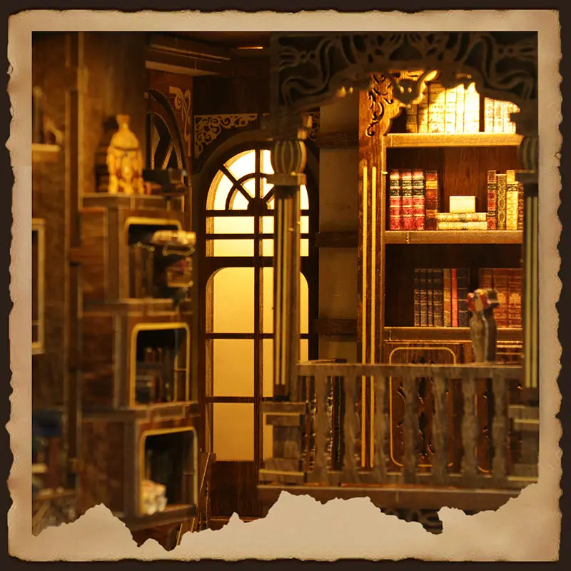 【Antique Book Collection Room】 attic area close-up: semi-circular vintage arched window with intricately carved wooden pillars; double-layer bookshelf on the right displaying printed miniature books, soft warm light glowing from the background, quiet and scholarly
