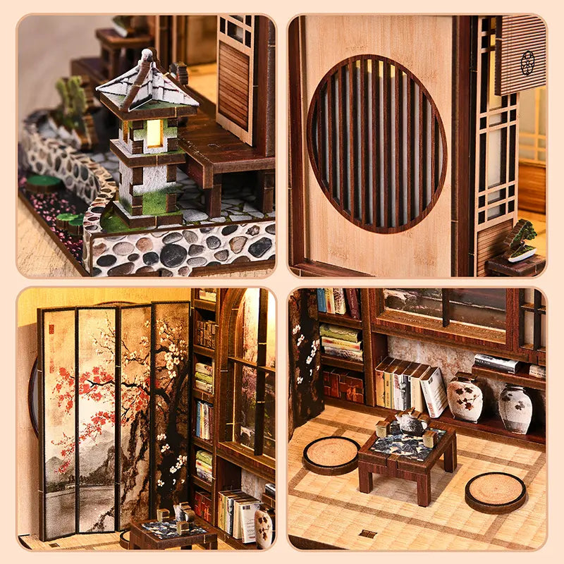 【Moss-Lantern Harmony Garden】 miniature house placed between books on a shelf, herringbone roof geometrically contrasting with hardcover books, warm shoji glow casting a pale gold tint on adjacent spines