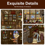 Close-up of miniature wand, crystal ball, and starry light string inside【Magic Night】 book nook, realistic craftsmanship