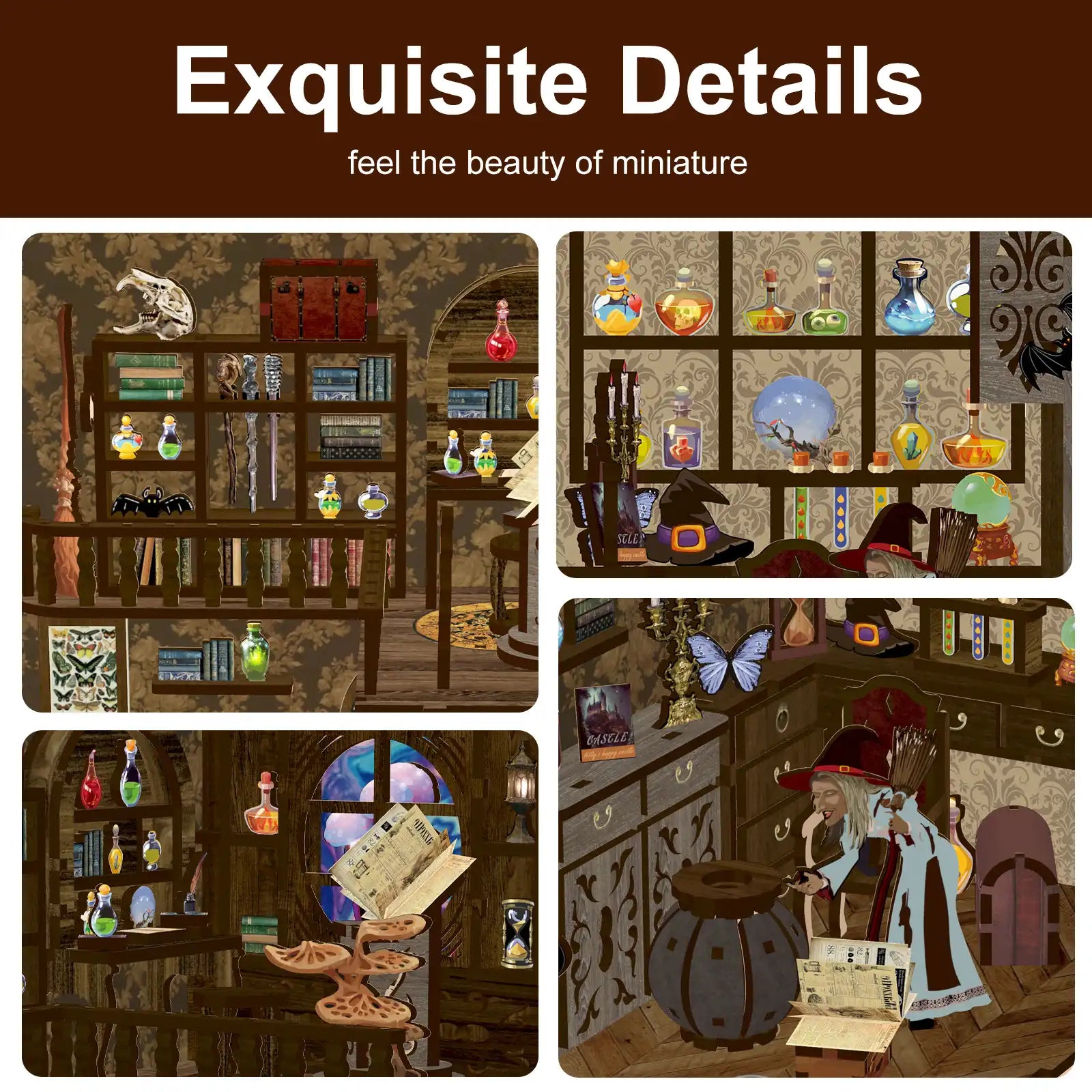 Close-up of miniature wand, crystal ball, and starry light string inside【Magic Night】 book nook, realistic craftsmanship