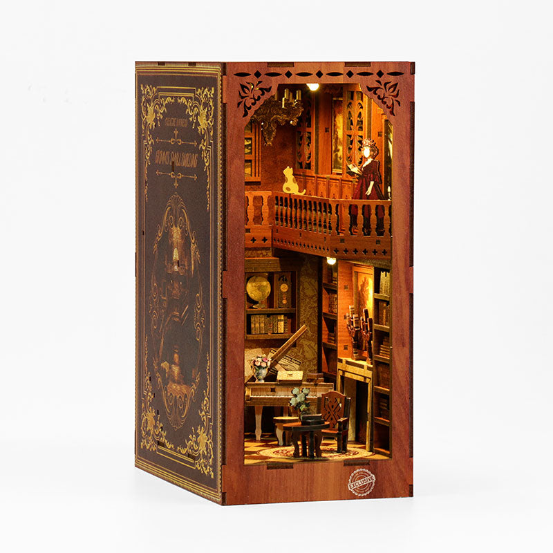 GelinHouse DIY book nook kit fully assembled with LED lights glowing
