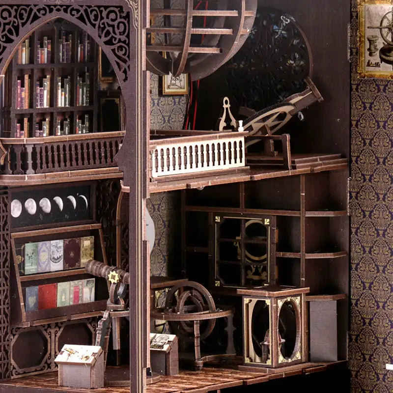 Close-up of miniature astronomical instruments and dome murals inside【Museum of Astronomy】 book nook, realistic science museum vibe