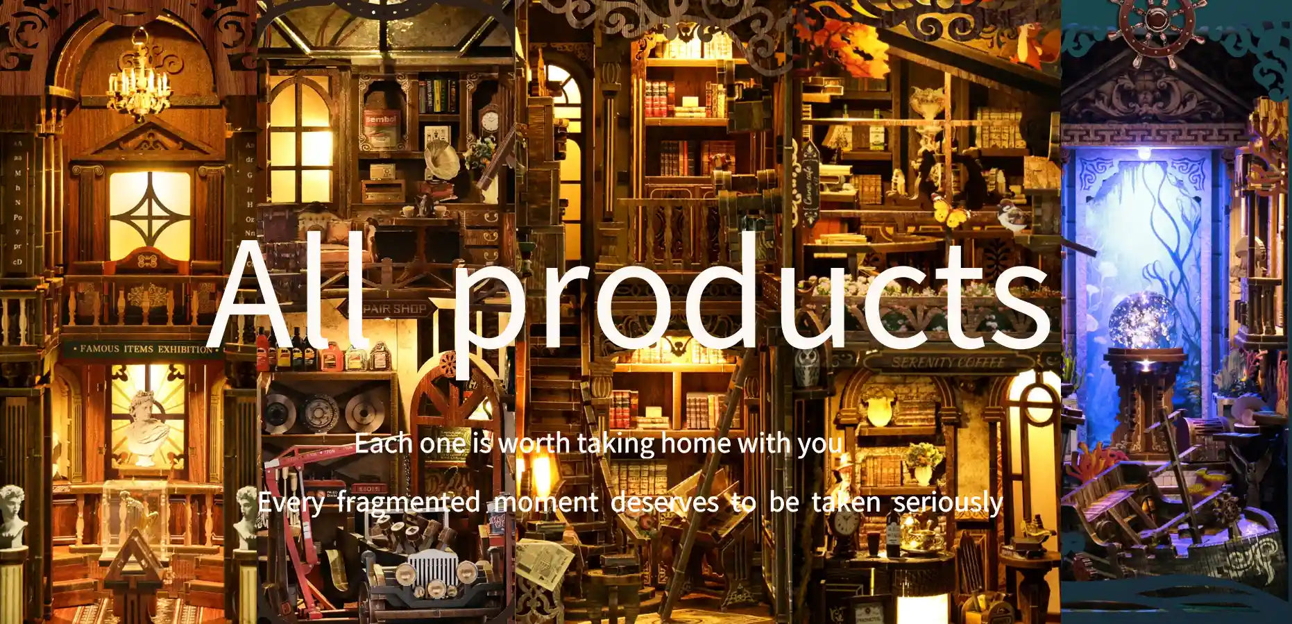 A promotional image of minipata brand miniature book nooks and dioramas, featuring the text "All products" and the slogans "Each one is worth taking home with you" and "Every fragmented moment deserves to be taken seriously." The background displays various intricately crafted miniature scenes, including a vintage library, workshop, coffee house, and an ocean-themed glowing room.