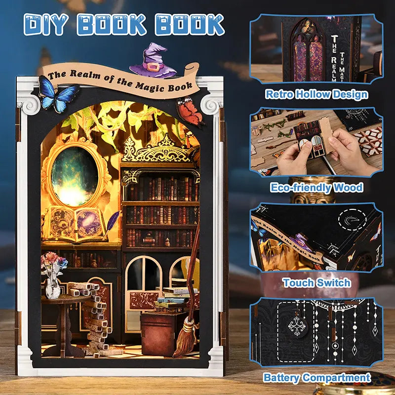 【The Realm of the Magic Book】 Four key features of the DIY book nook: retro hollow archway design, eco-friendly wood assembly, top touch switch, hidden battery compartment at the back, creating an immersive magical study experience