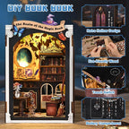 【The Realm of the Magic Book】 Four key features of the DIY book nook: retro hollow archway design, eco-friendly wood assembly, top touch switch, hidden battery compartment at the back, creating an immersive magical study experience