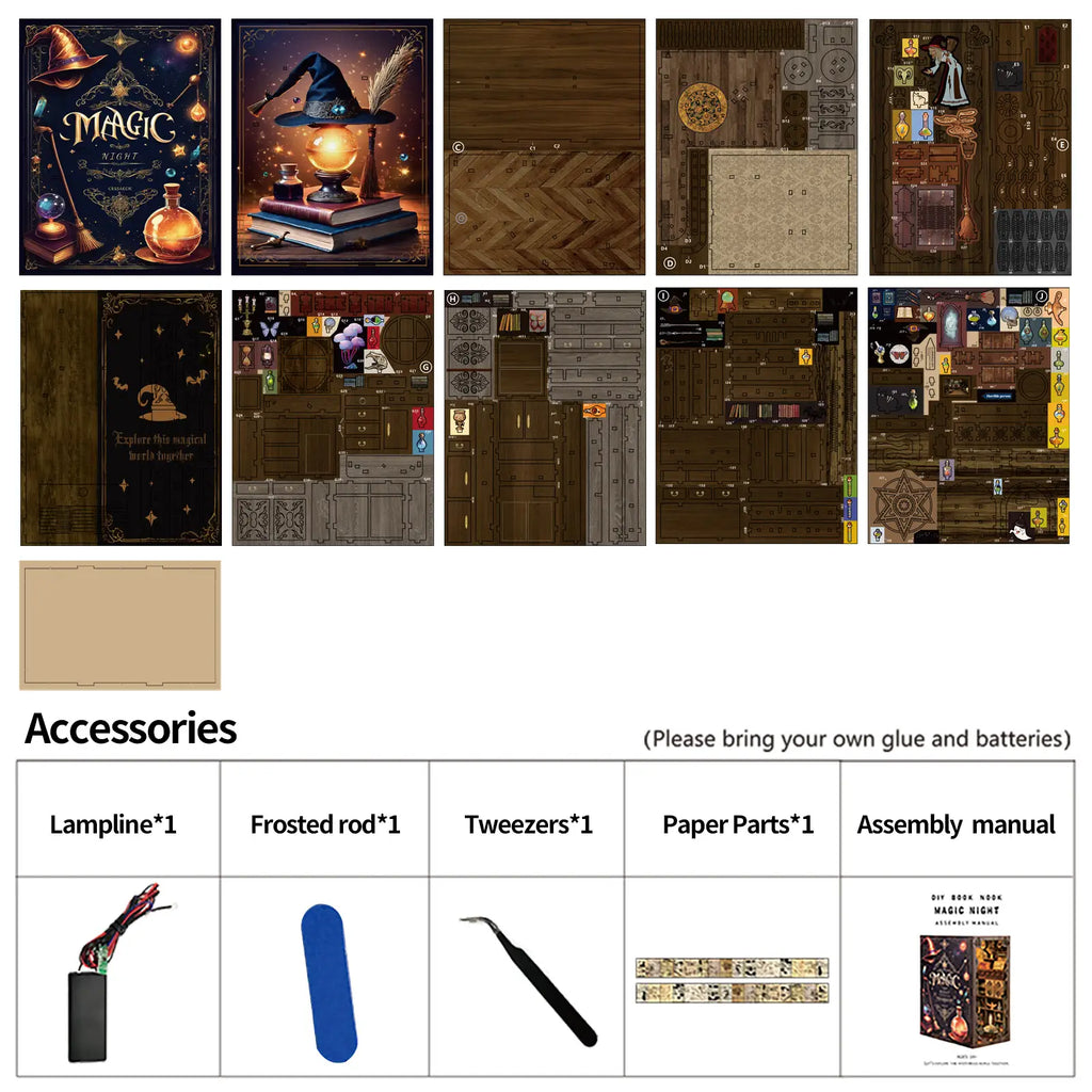 【Magic Night】 DIY kit contents: wooden pieces, LED wire, instruction manual, and tools