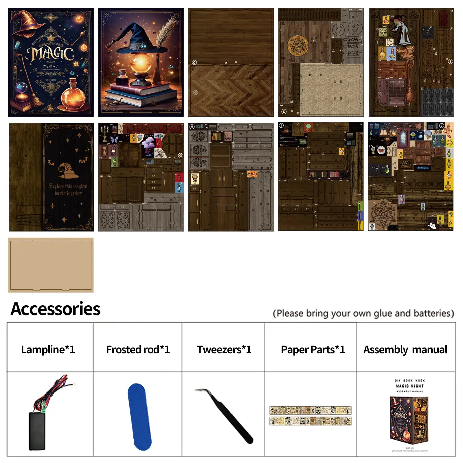 【Magic Night】 DIY kit contents: wooden pieces, LED wire, instruction manual, and tools