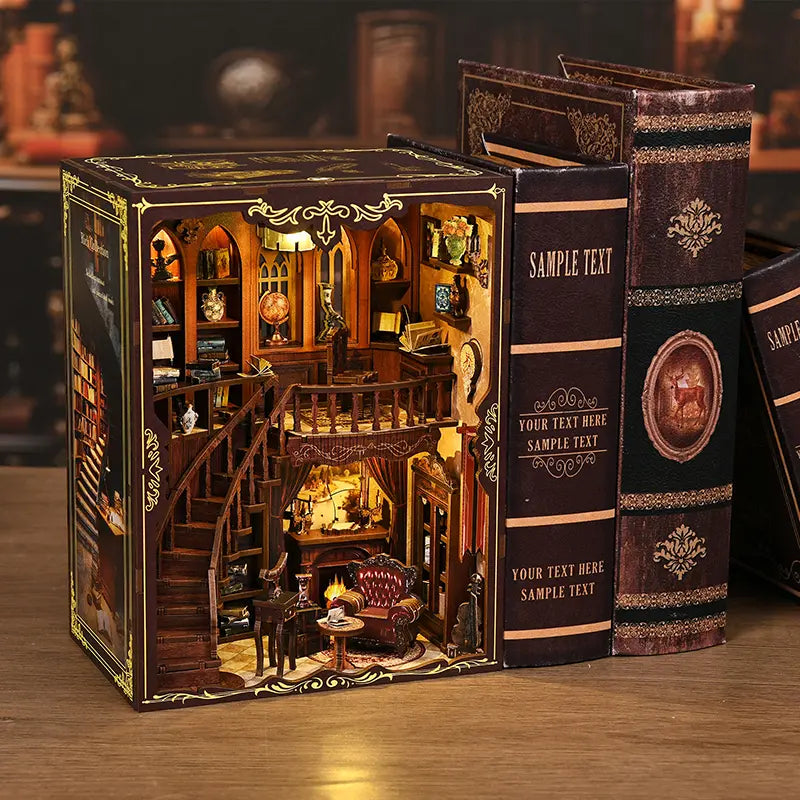 【Ancient Rhyme Library】 perfectly sandwiched between dark vintage leather-bound books, the gold hollow-out frame complementing the book spines, presenting the texture of a classical temple of knowledge
