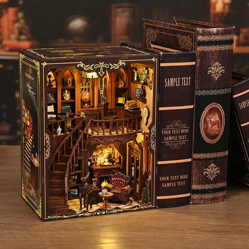 【Ancient Rhyme Library】 perfectly sandwiched between dark vintage leather-bound books, the gold hollow-out frame complementing the book spines, presenting the texture of a classical temple of knowledge
